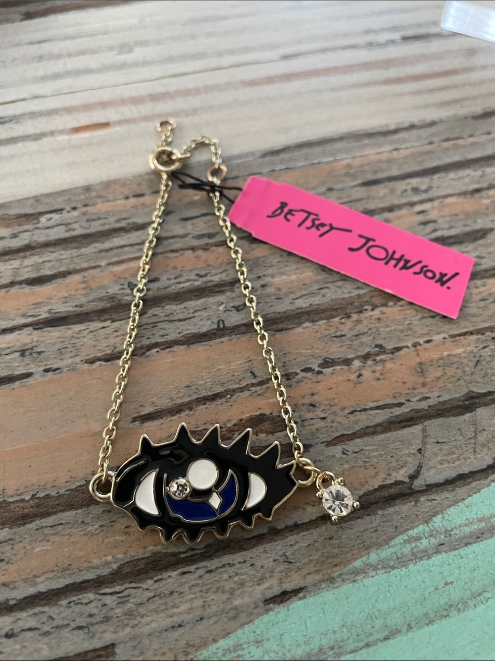 Betsey Johnson Black & Blue Evil Eye Bracelet with Crystal Charm